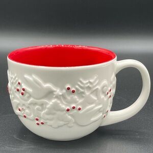 2008 Starbucks Christmas White Red Embossed Dove Tree Cappuccino Coffee Mug